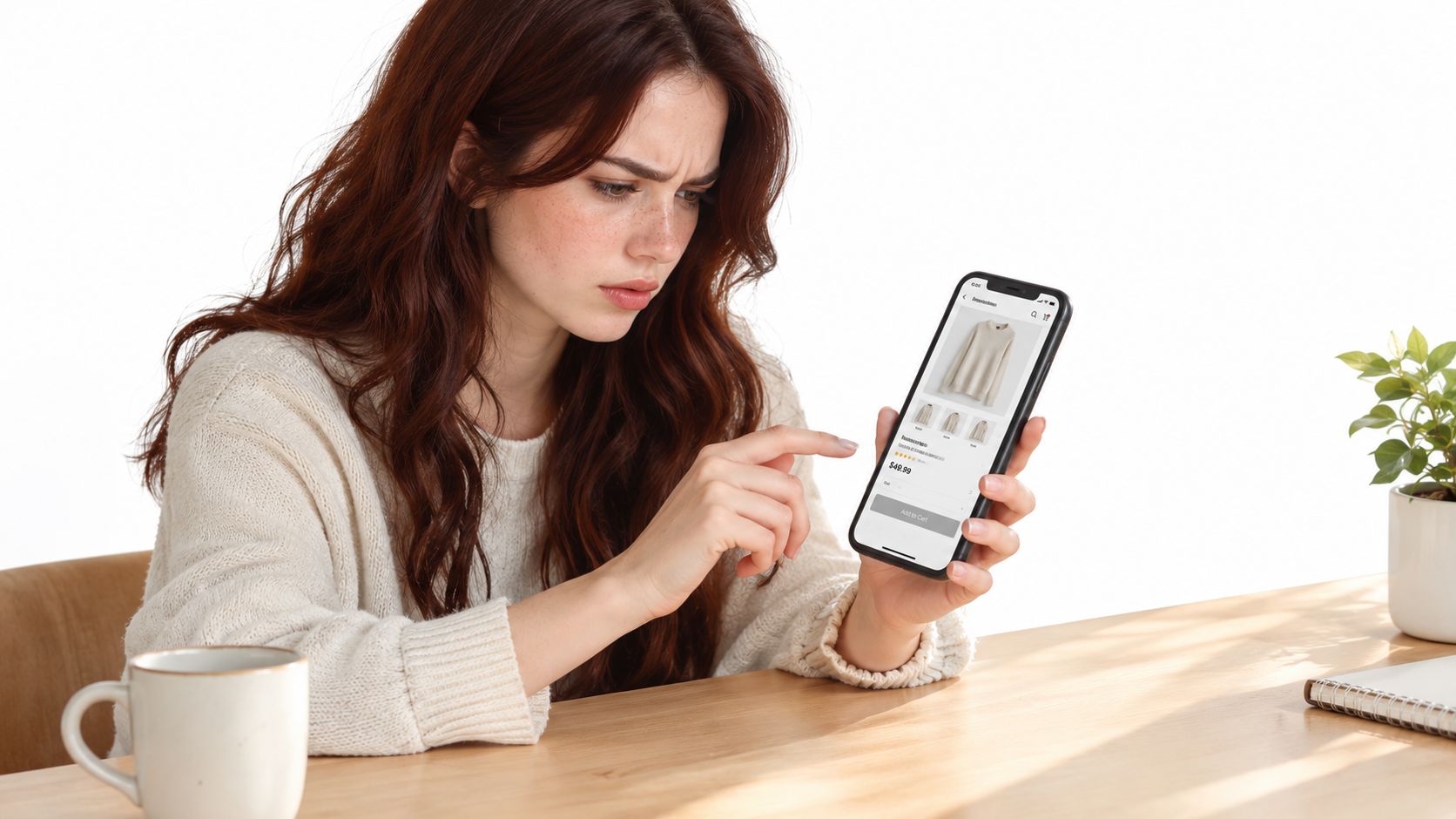 A concerned woman holding a smartphone and shopping for clothing online while sitting at a wooden desk.