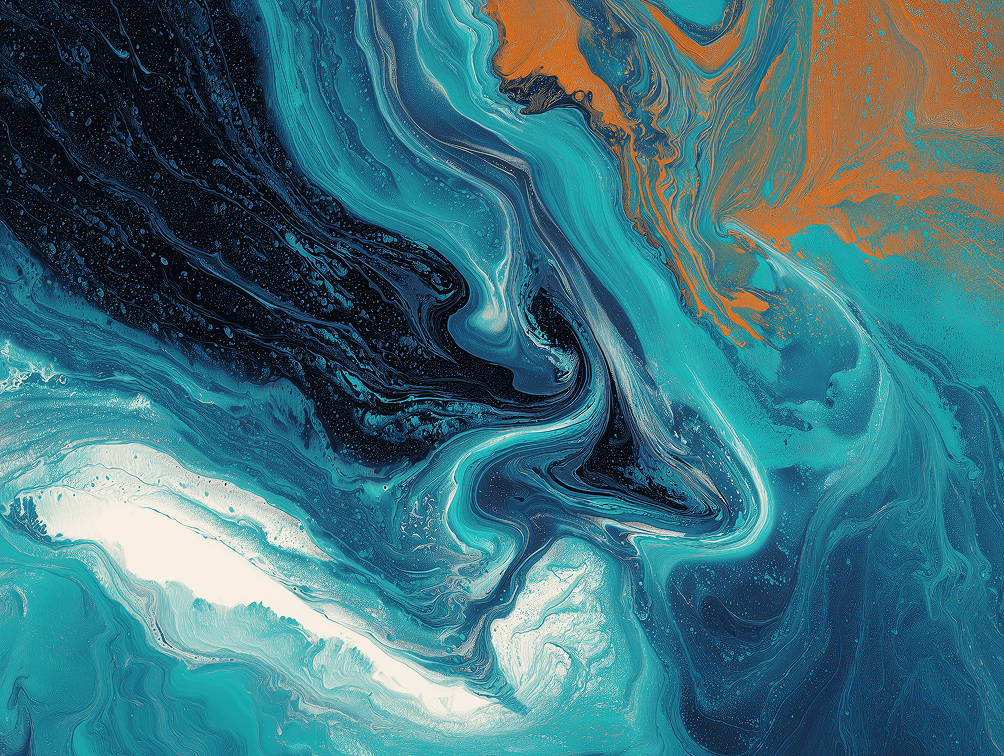Abstract swirls of blue and turquoise with hints of orange create a dynamic, fluid-like texture.