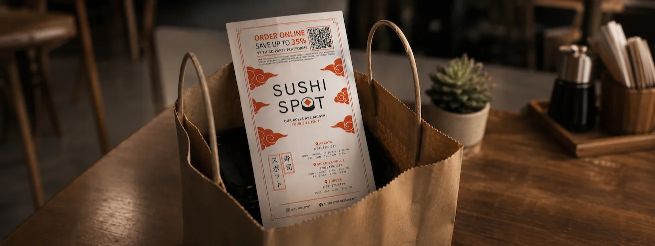 Sushi Spot direct ordering menu displayed in a takeout bag as part of a restaurant menu case study.