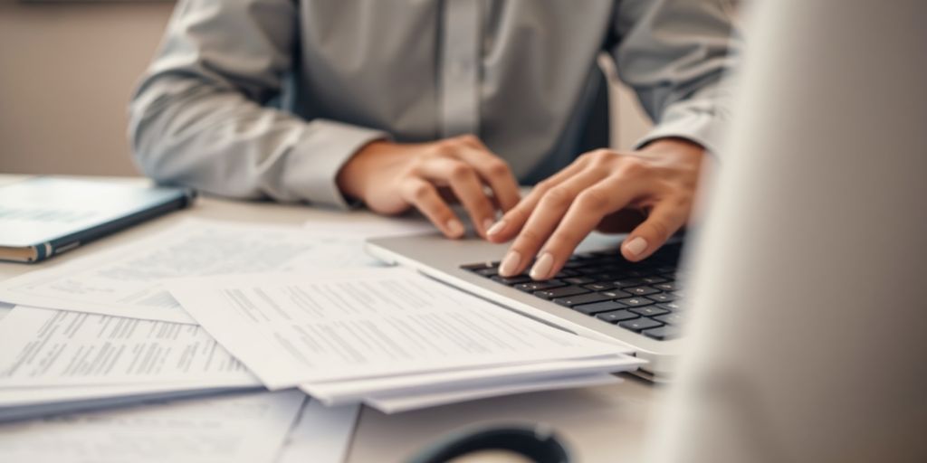 Person using laptop with documents in a modern workspace.