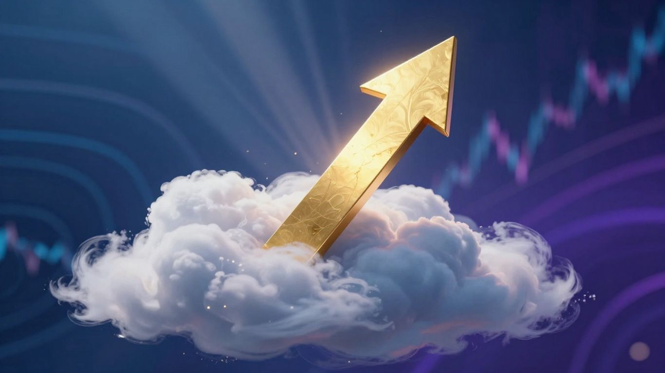 Golden arrow rising through clouds, symbolizing high returns.