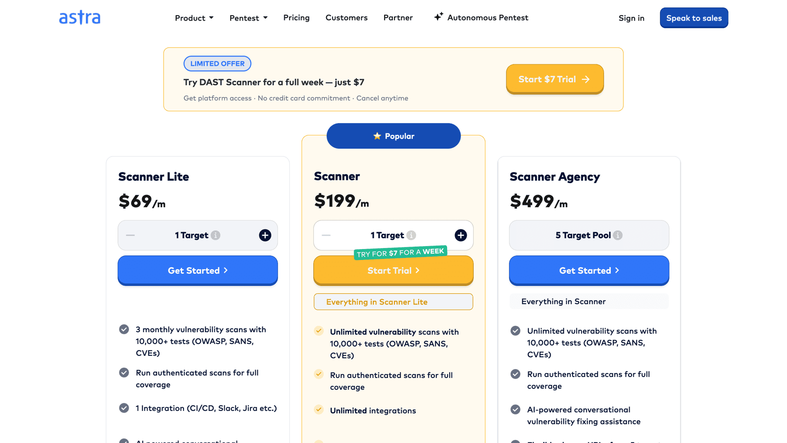 Astra Security DAST scanner pricing showing Scanner Lite at 69 dollars, Scanner at 199 dollars, and Scanner Agency at 499 dollars per month with the 7 dollar trial banner