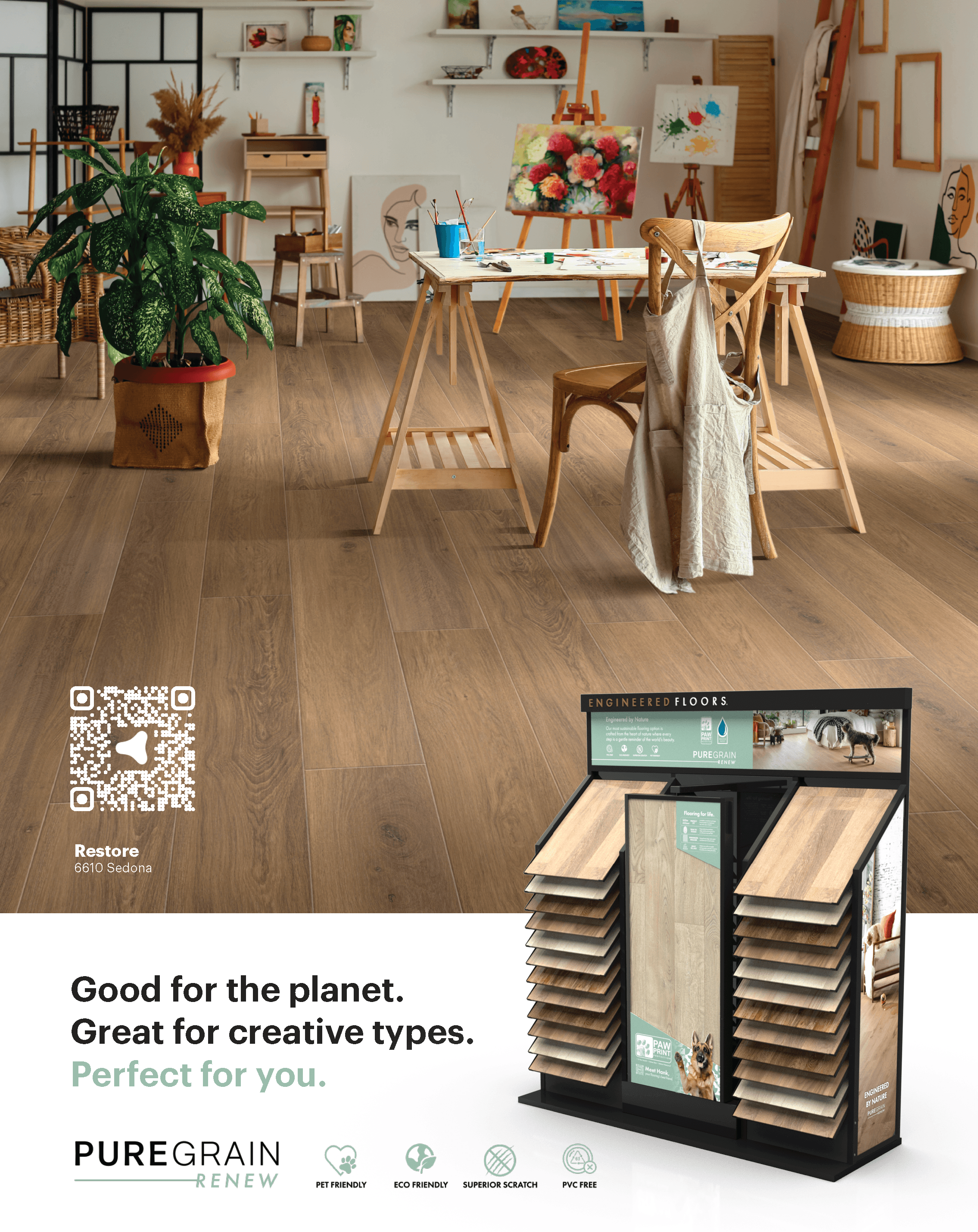 Flooring advertisement showing a creative studio and product display beneath the headline ‘Good for the planet. Great for creative types. Perfect for you.’
