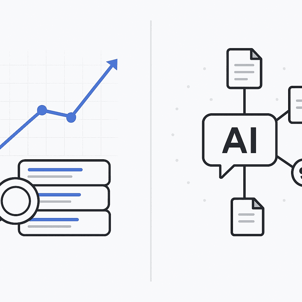 Side-by-side illustration contrasting SEO metrics with answer engine optimization metrics