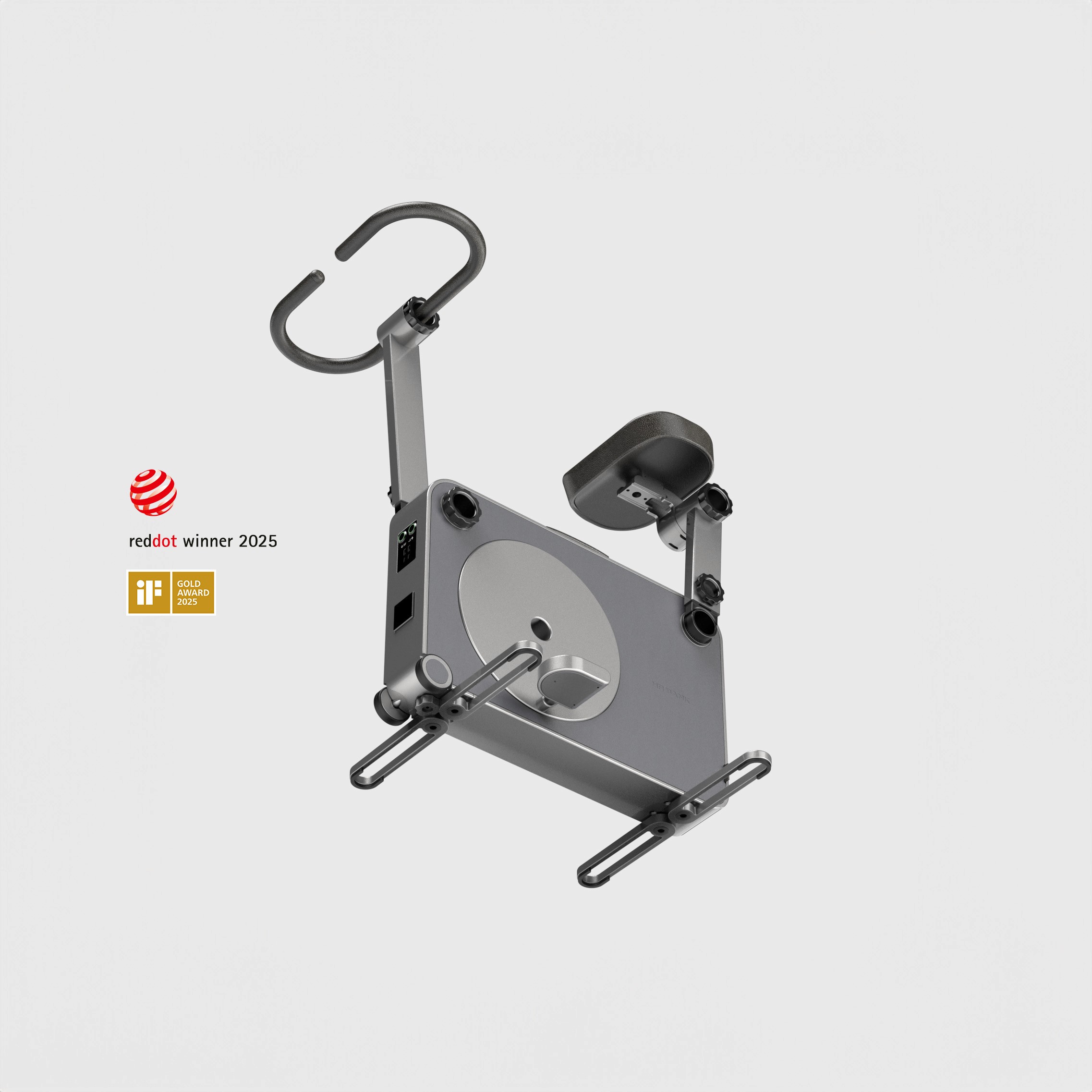 an award winning exercise bike and powerstation device rendering floating in empty white space designed by Lukas Avenas awarded iF design award Gold and Red Dot award