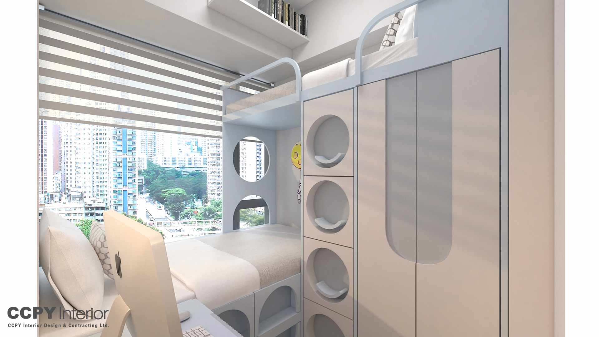 Loft bed with storage and desk by window