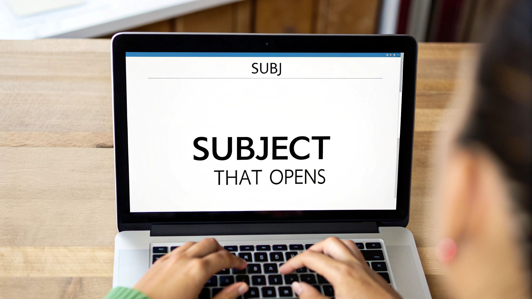 A close-up of an email inbox on a screen, with one compelling subject line highlighted.