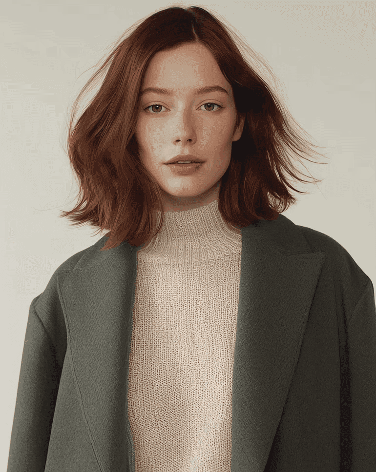 Young woman with shoulder-length red hair wearing green oversized coat and turtleneck.