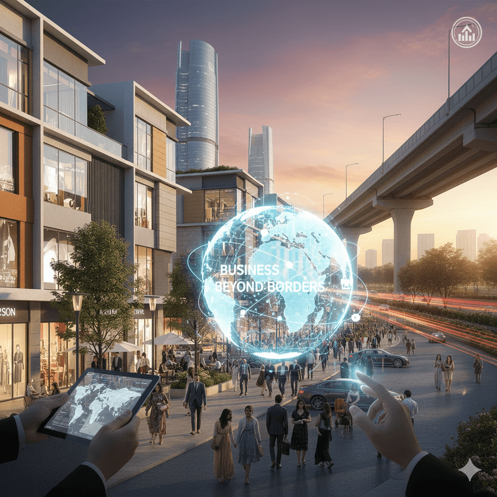 Digital globe icon centered in a premium commercial plaza