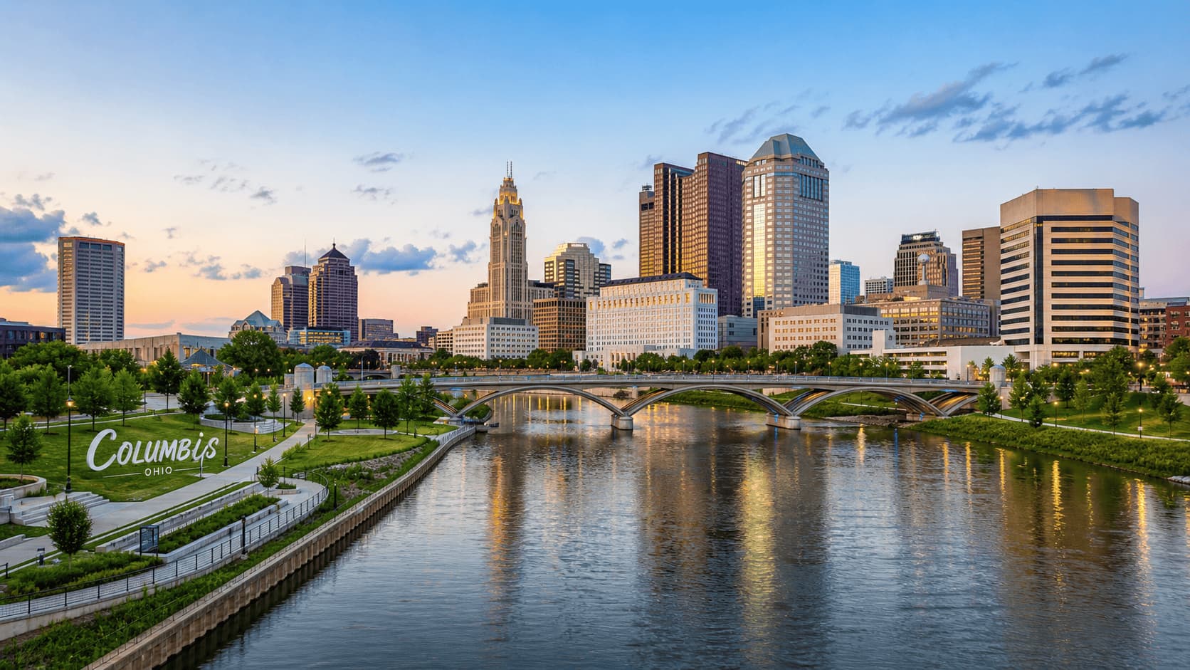 Columbus skyline with riverfront and modern buildings