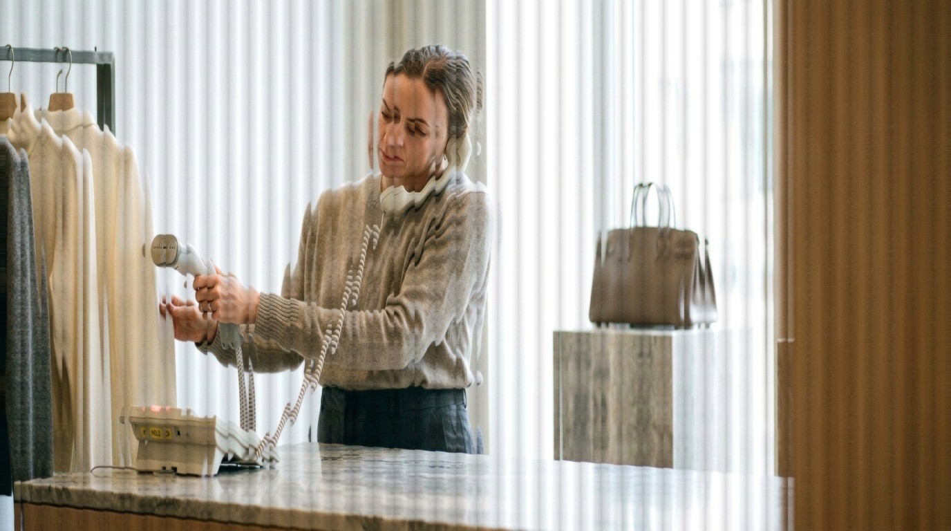 Boutique associate steaming a cashmere sweater with a client on hold on the counter phone