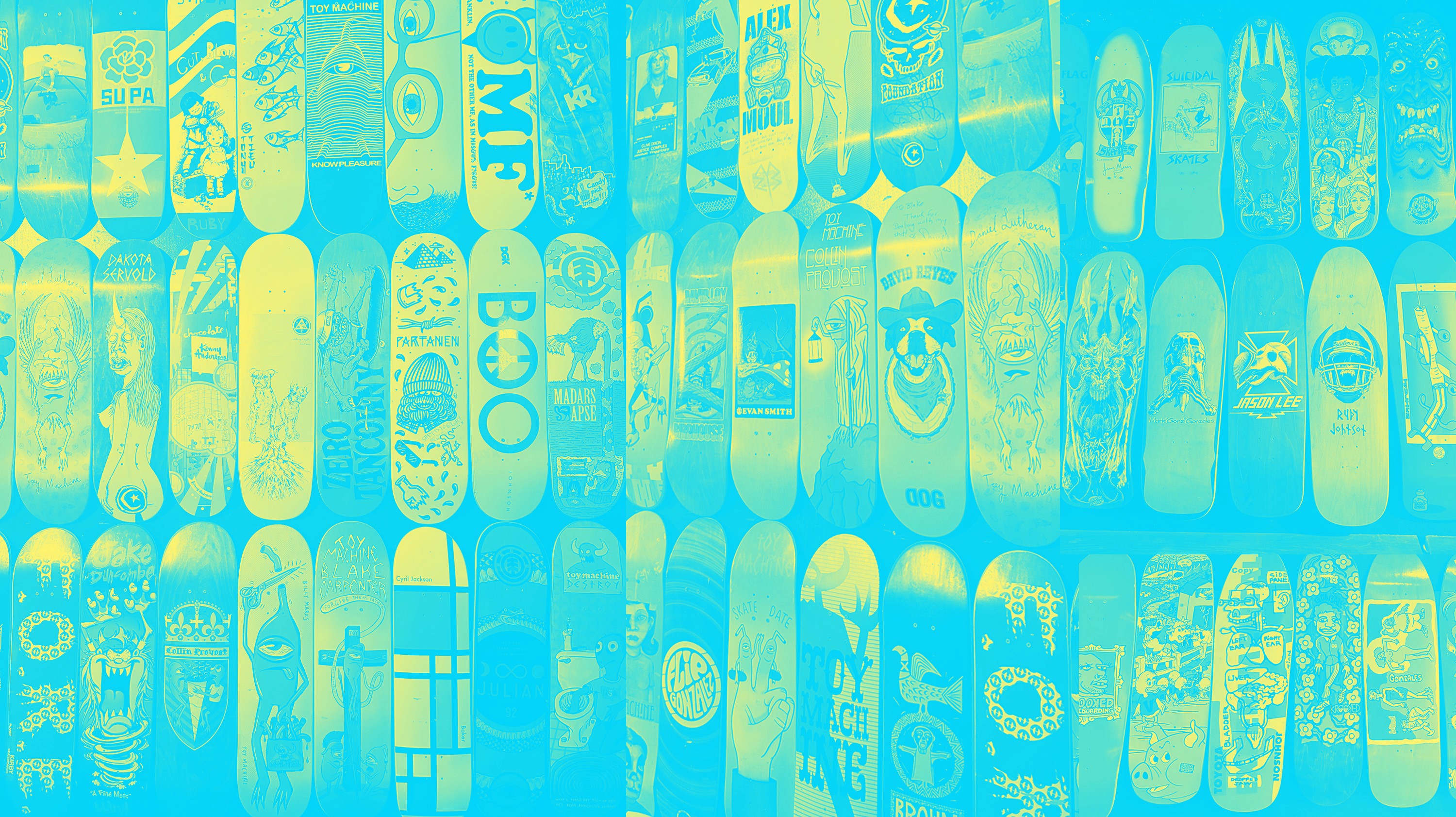 A row of skateboards