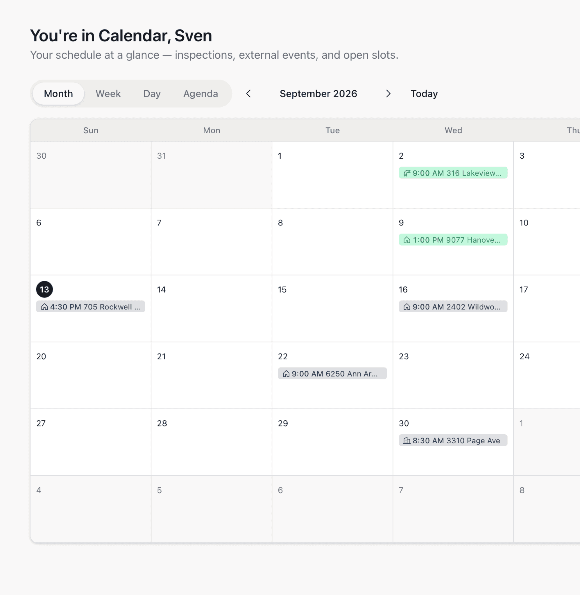 The AEYES calendar showing a month of scheduled inspections across the team