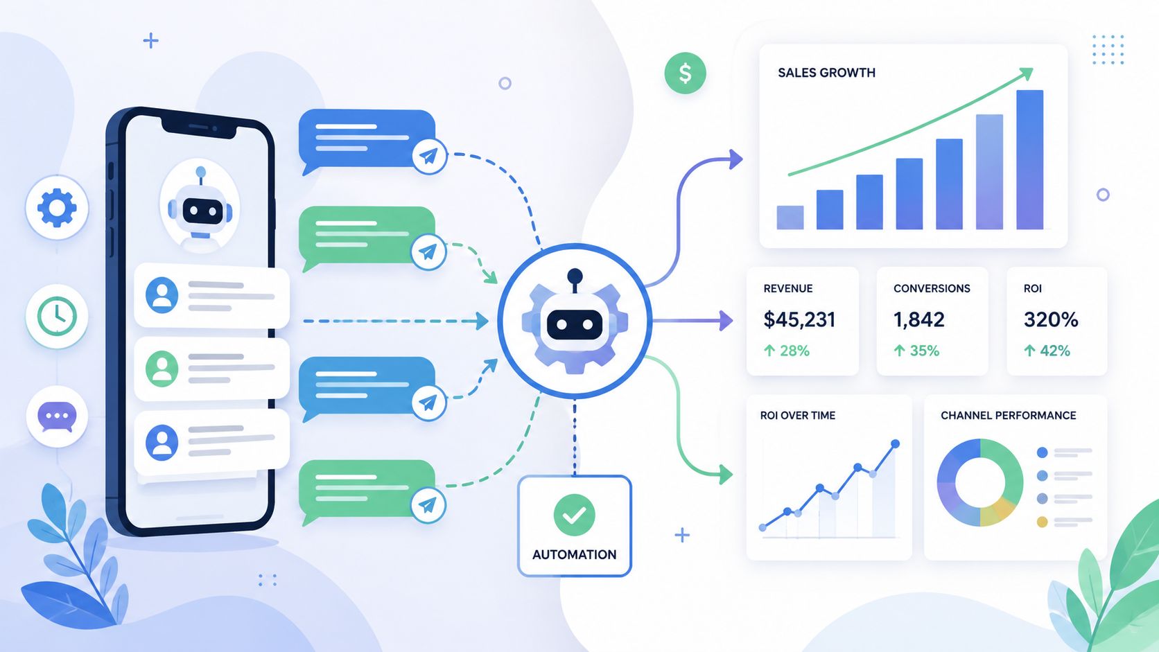 Ilustración conceptual sobre automatización y medición, mostrando un móvil enviando mensajes y gráficos de datos en crecimiento.