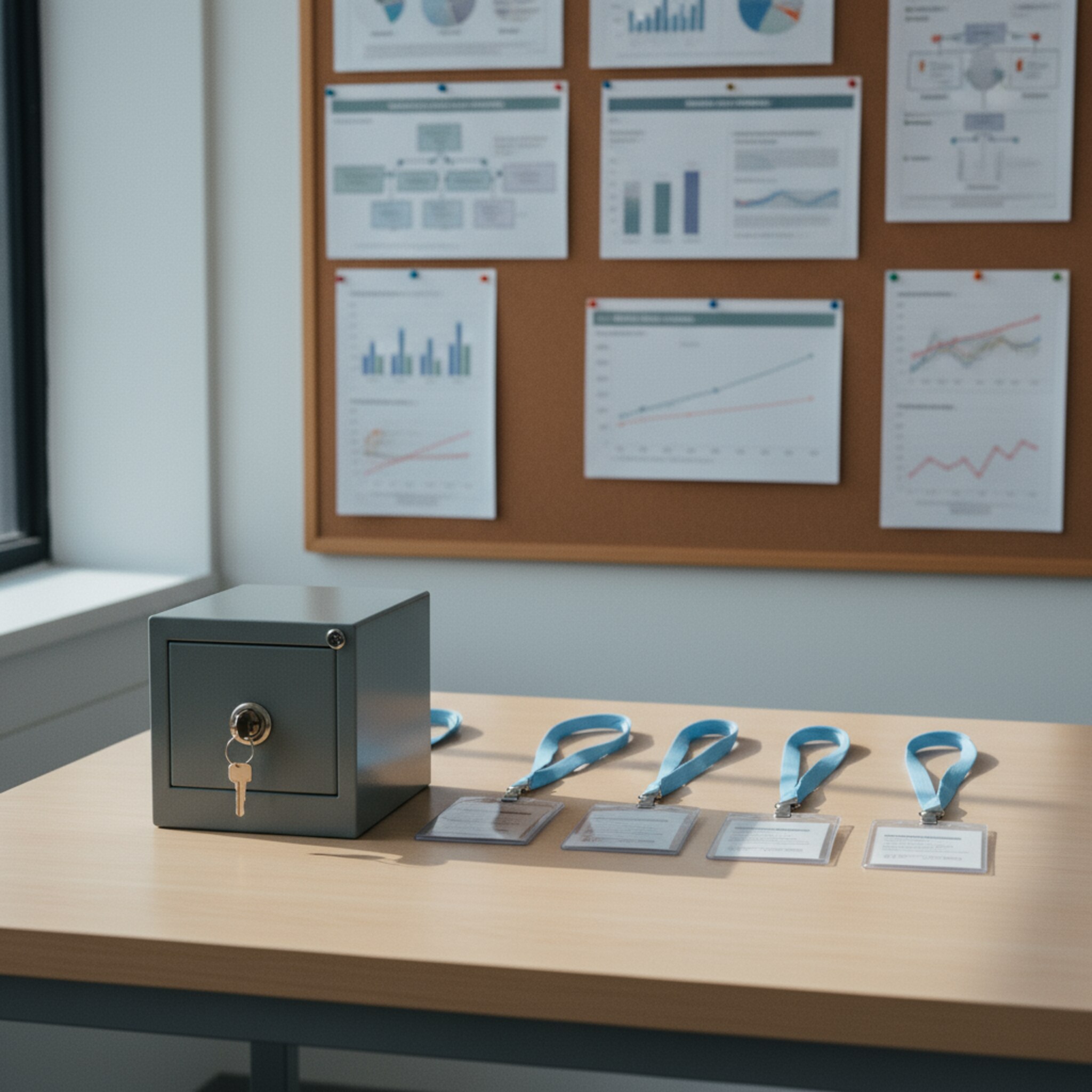 Ein abschließbarer Schrank mit Schlüsselanhänger liegt neben Namensausweisen auf einem Tisch. Auf einer Pinnwand hängen übersichtliche, gedruckte Diagramme. Das Licht ist kühl und klar, die Szene vermittelt Ordnungssinn, Verantwortlichkeit und kontrollierten Informationszugang.