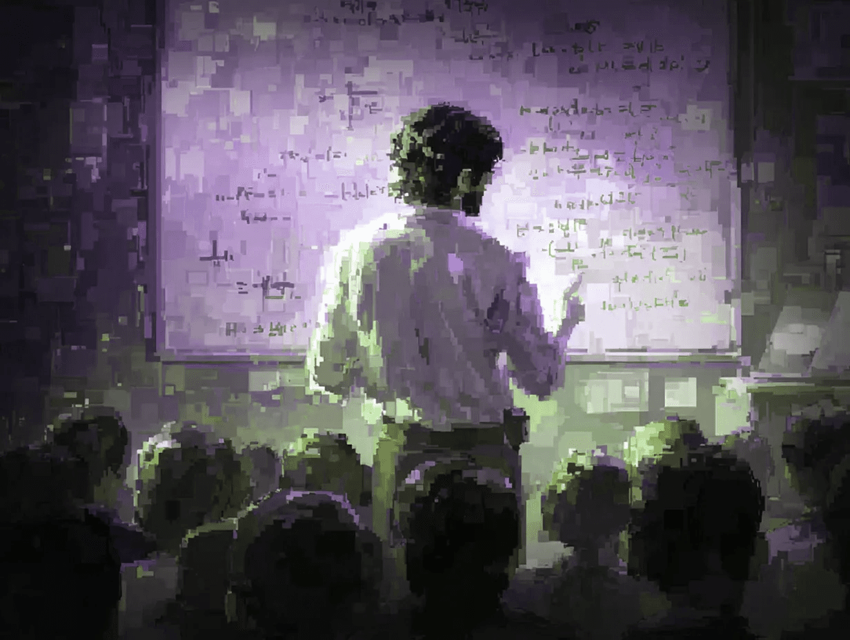 Pixel-style illustration of a person teaching design concepts on a whiteboard to listeners, symbolizing UX/UI principles for websites in Luxembourg.