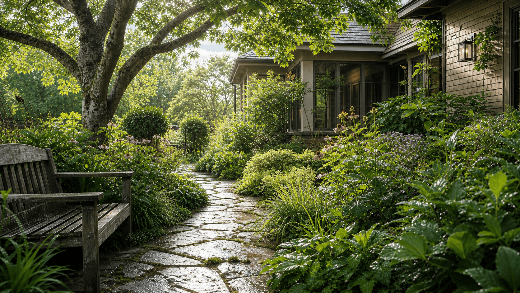 Established garden room with a stone path