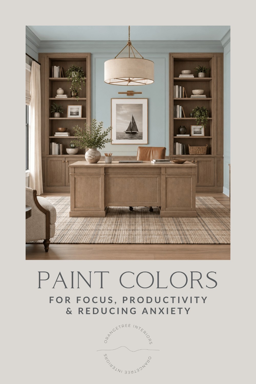 Blue-green home office with wood built-in cabinets