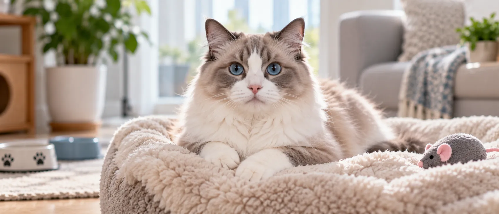 A Ragdoll cat lying in a plush bed beside a mouse toy.