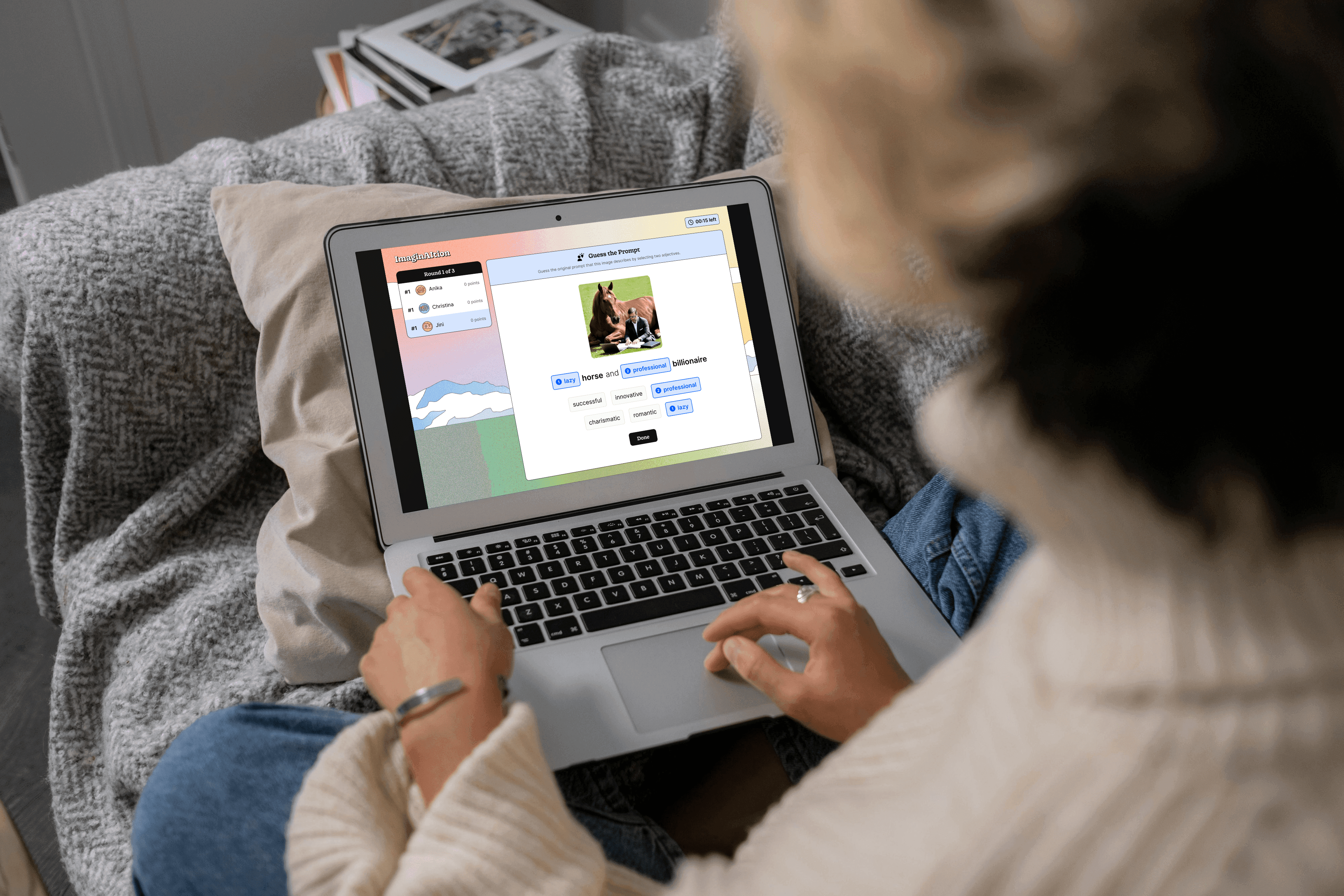Person playing ImaginAItion and selecting the adjectives for the prompt