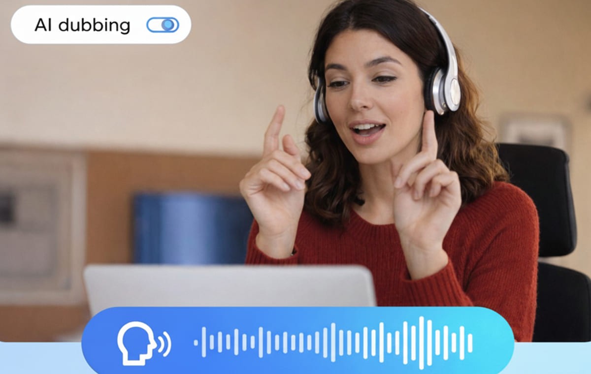A woman with headphones using an AI dubbing platform's editing interface to review voice synthesis and subtitles.