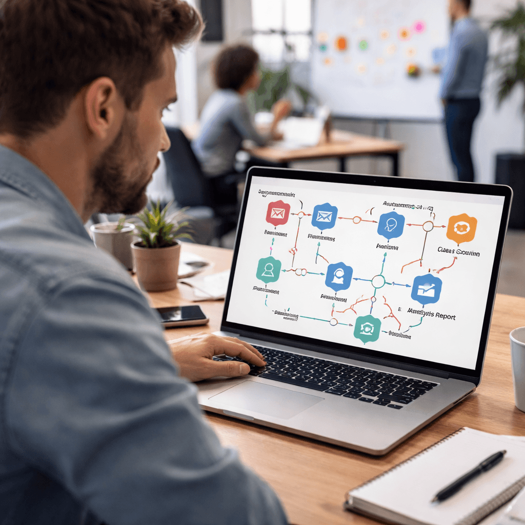 A realistic office scene showing a marketer looking at a laptop screen with flowchart diagrams of automated tasks, Alt: marketing agency automation workflow illustration