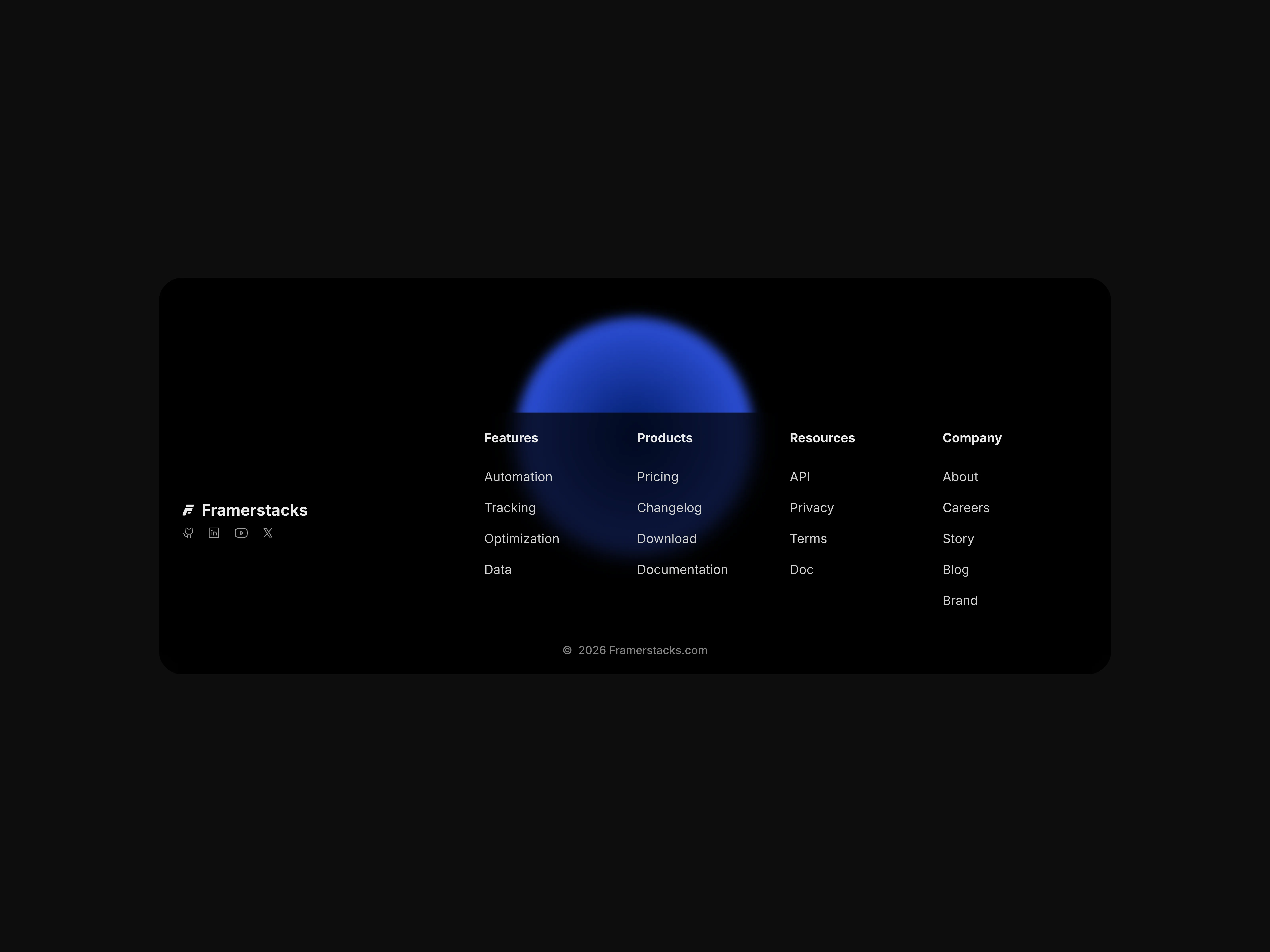 a dark themed footer design UI with a blurred background