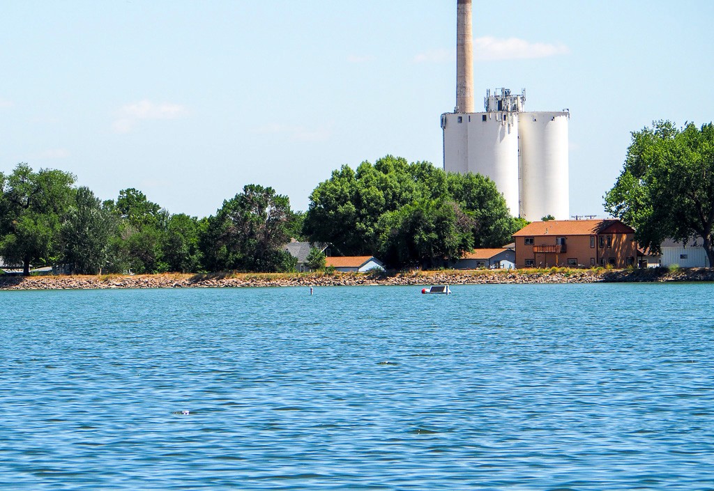 Lake Windsor with grain silos in the background.