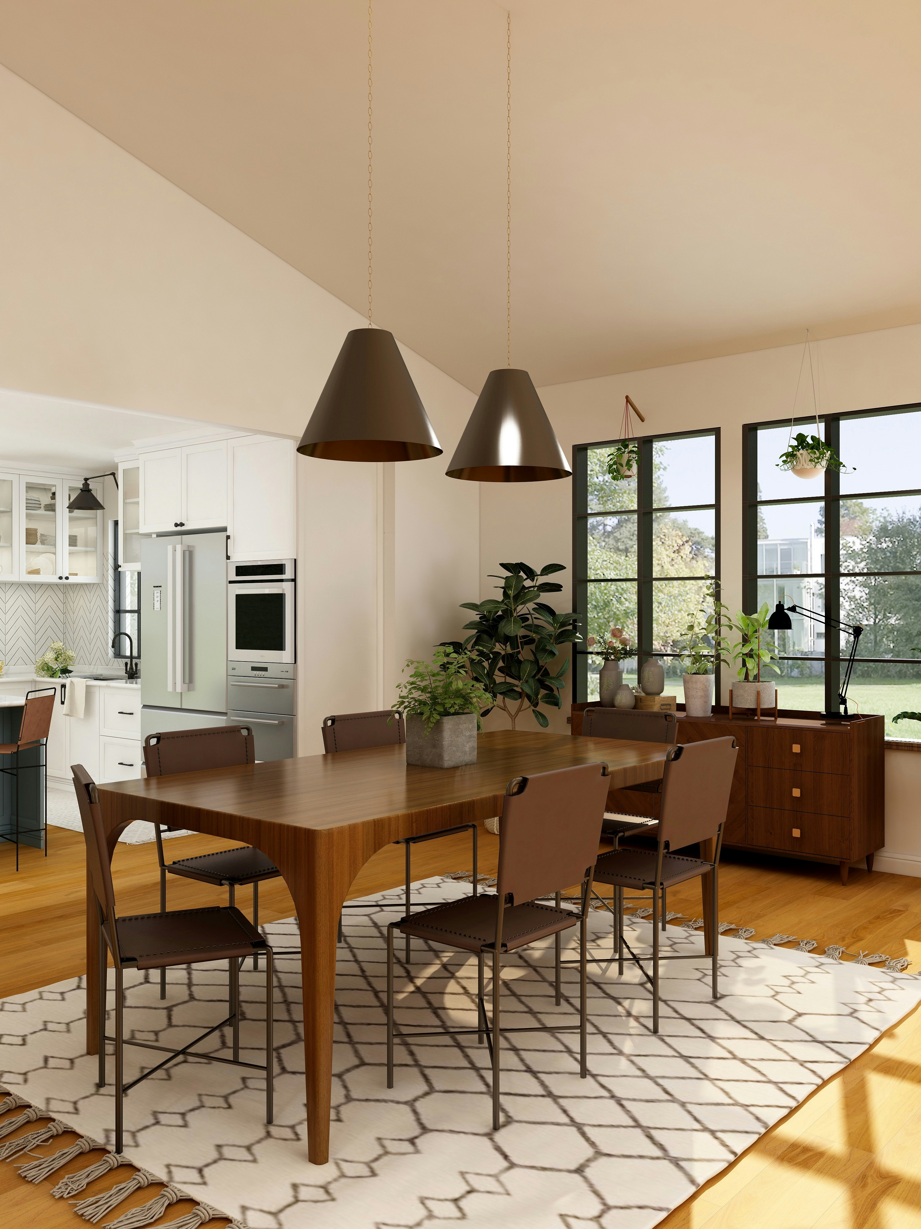 Sun-warmed open-plan dining room with walnut table, cone pendants, and garden-view steel windows