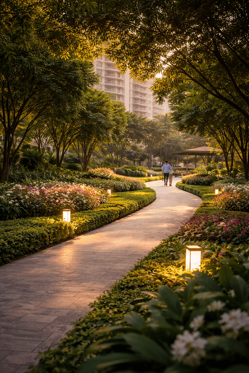 Tree-lined walking pathway with landscaped gardens inside a premium residential complex in Sector 90 Gurugram