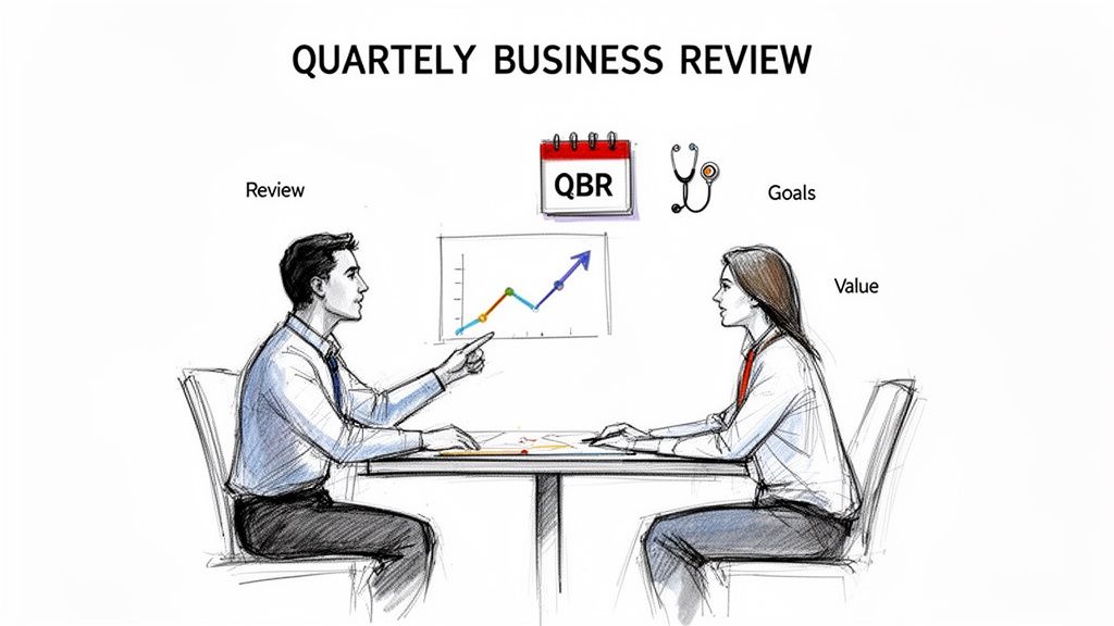 Illustration of two business people discussing a performance graph during a Quarterly Business Review meeting.