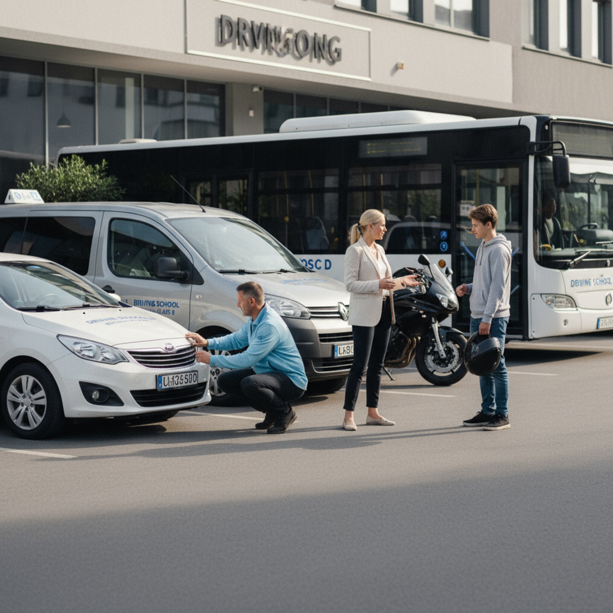 Vor der Fahrschule stehen mehrere beschriftete Fahrzeuge verschiedener Klassen nebeneinander. Ein Fahrlehrer prüft die Beleuchtung eines Motorrads, daneben spricht eine Kollegin mit einem Schüler. Die Fahrzeuge sind sauber, startklar und übersichtlich arrangiert. Die Szene vermittelt Struktur und Professionalität.