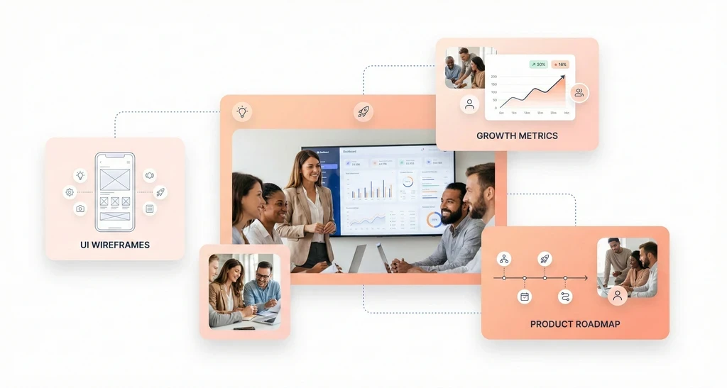SaaS product team reviewing dashboards and UI wireframes showing frontend-first product development and business growth.