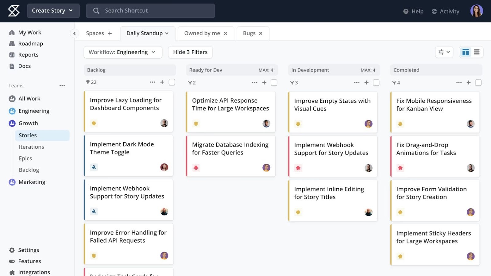 Shortcut's story board for software development teams