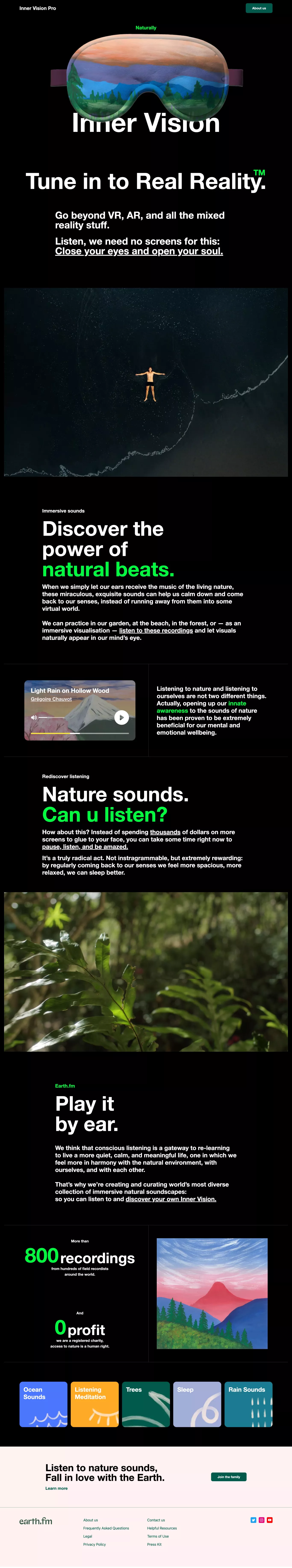 Inner Vision Pro - listen to nature soun landing page screenshot showcasing Health & Fitness design
