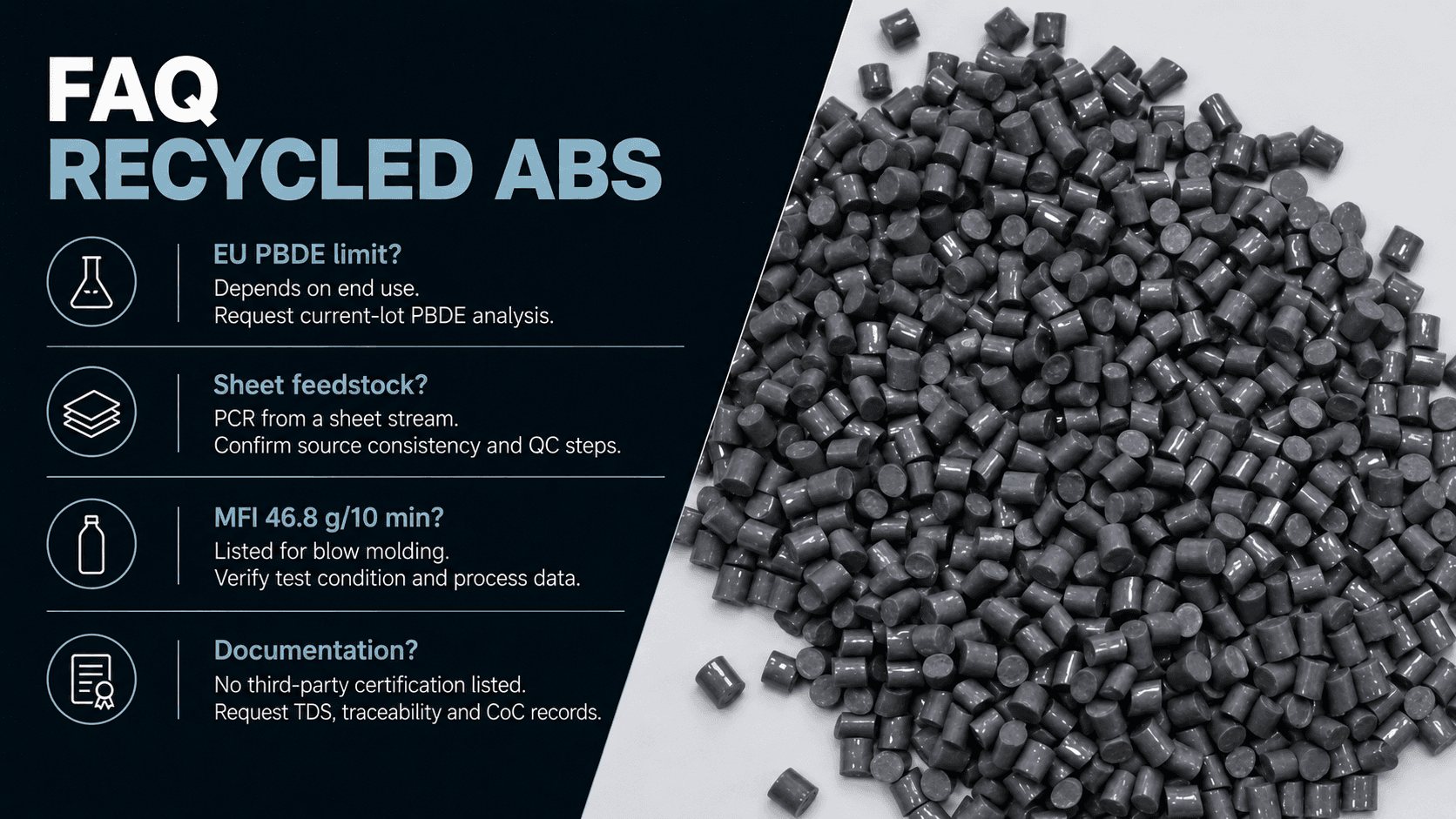 Grey rABS PCR pellet FAQ - EU POPs review for listed PBDEs, sheet feedstock, melt flow and blow molding, supplier documentation