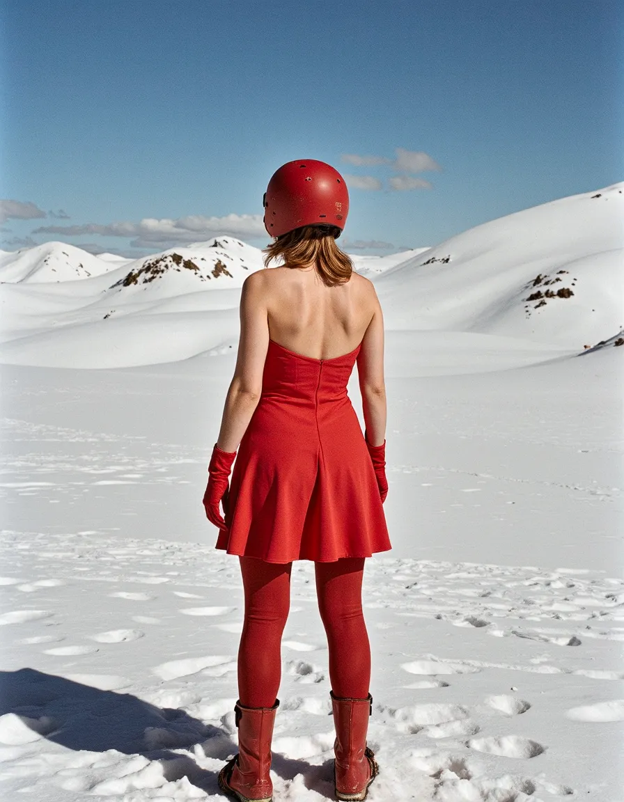 Person in all-red outfit with matching helmet facing snowy mountain landscape, back to camera, vibrant contrast against white snow