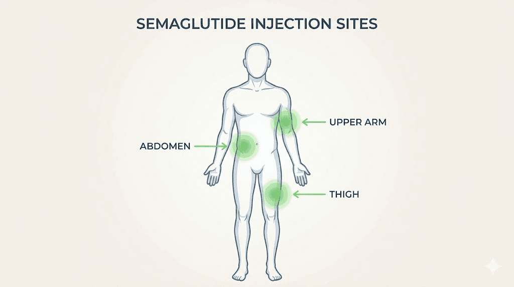 Best semaglutide injection sites on the human body showing abdomen thigh and upper arm