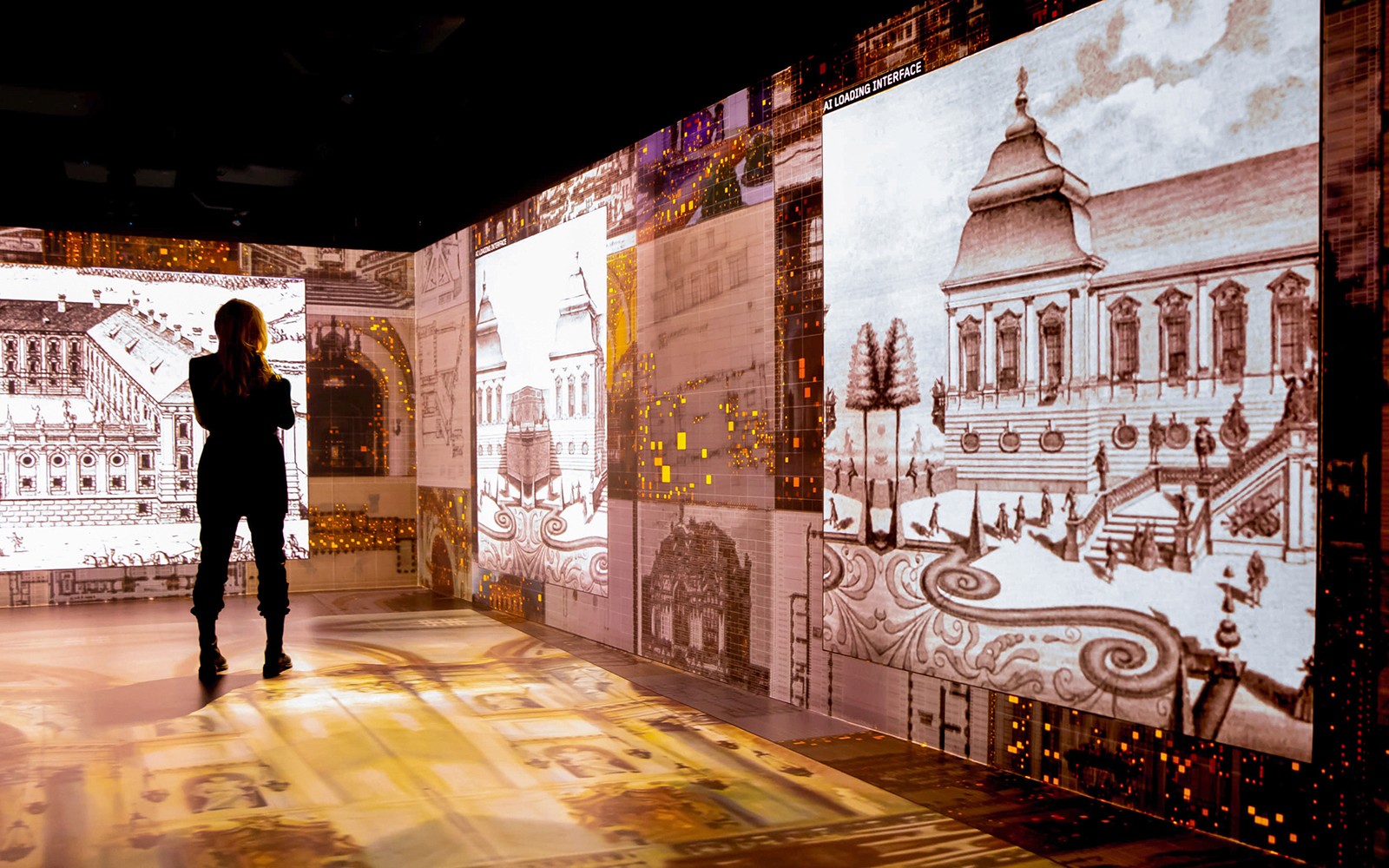 Visitor viewing digital Mozart-themed art installation in Vienna.