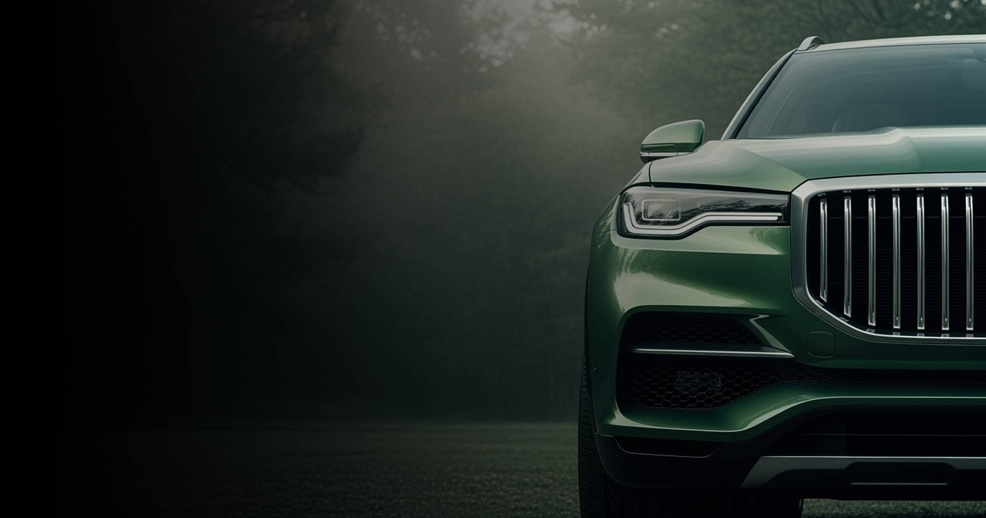 Partie avant d'un VUS haut de gamme vert foncé, mettant en évidence son phare à DEL et sa calandre imposante.