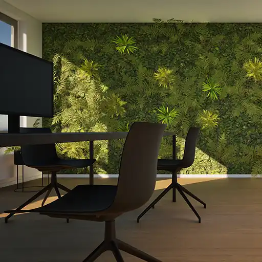 interieurbeeld van een kantoor met groene plantenwand