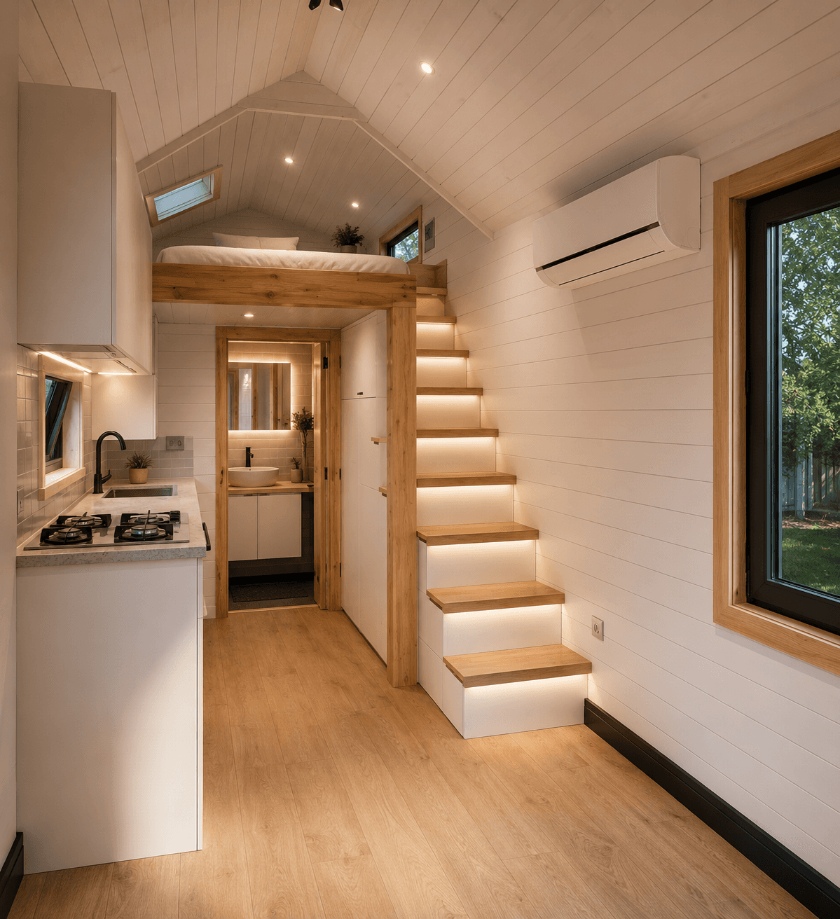 Compact loft-style backyard suite interior with built-in stairs, minimalist kitchen, warm wood finishes, and modern space-efficient design by UR-SPACE in Calgary.
