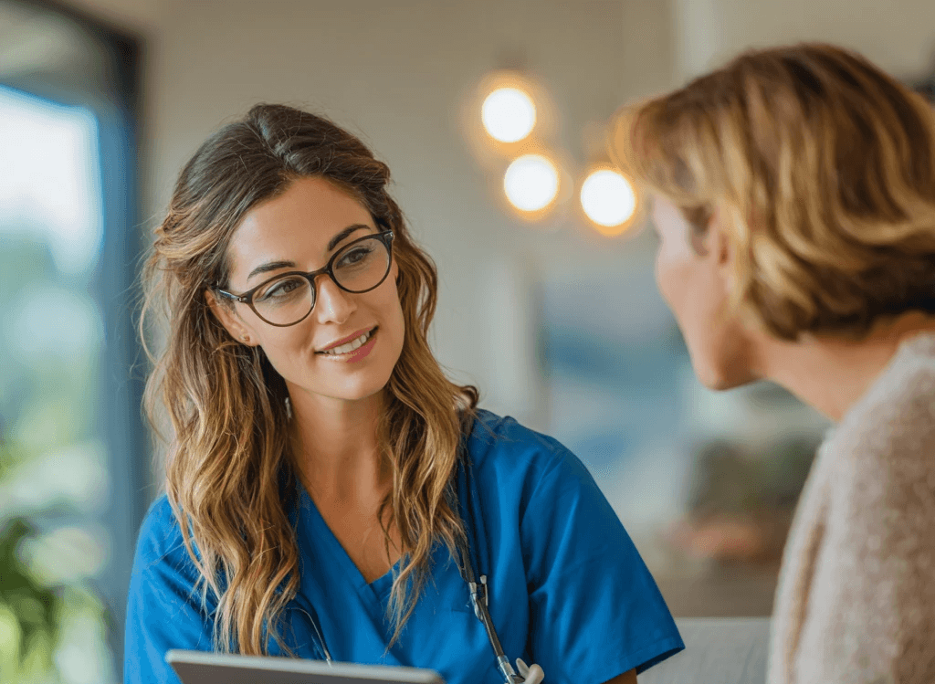 A female healthcare professional in blue scrubs and glasses attentively listens to a patient in a warmly-lit room, displaying a caring demeanor.
