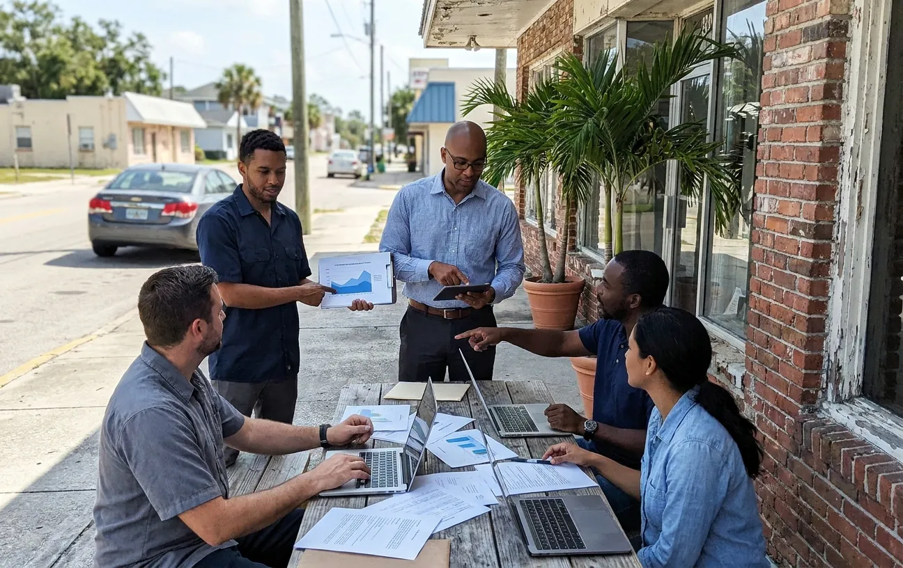 RockN' Socials team strategizes digital marketing at an outdoor meeting.