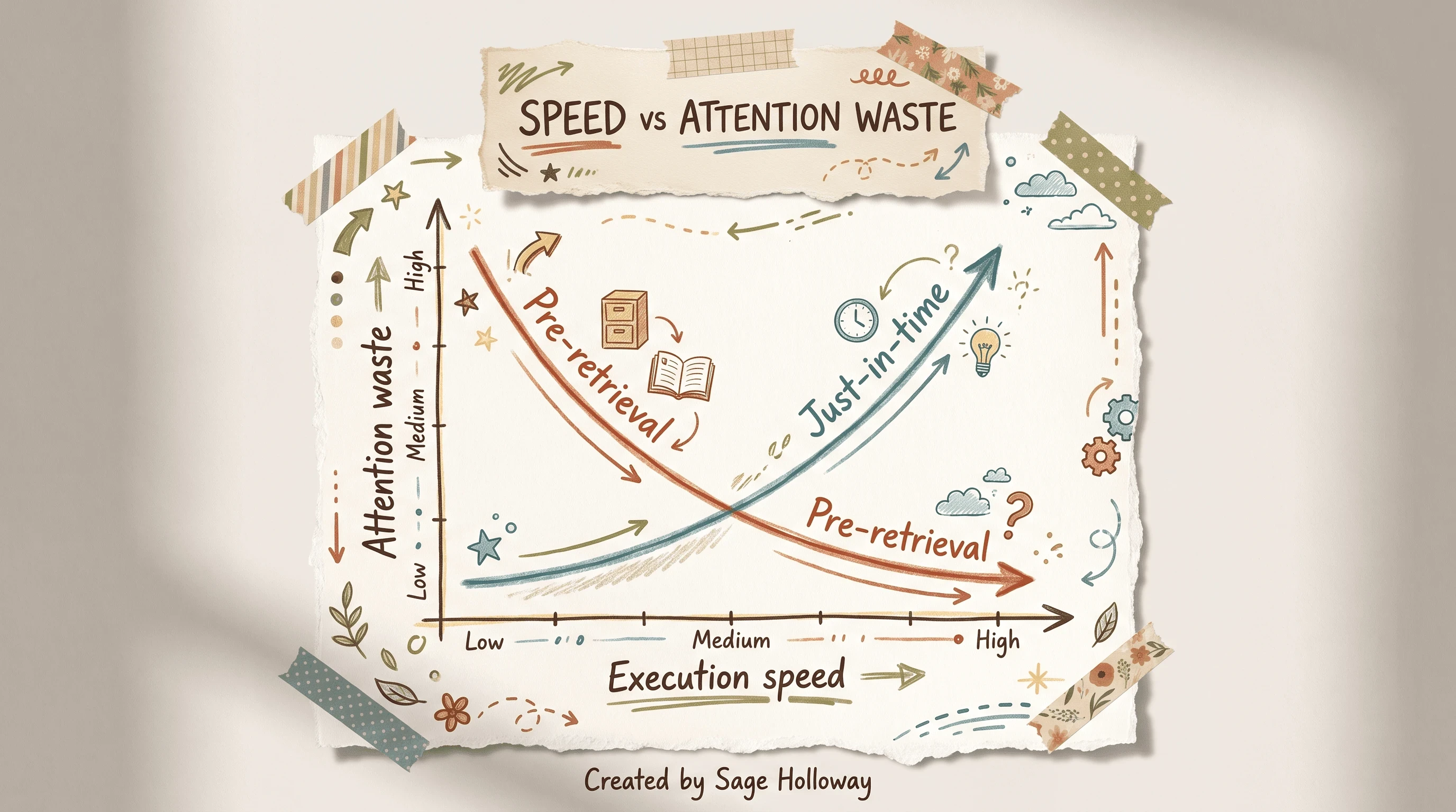 Scrapbook diagram of speed versus precision trade-offs for pre-retrieval and just-in-time context loading