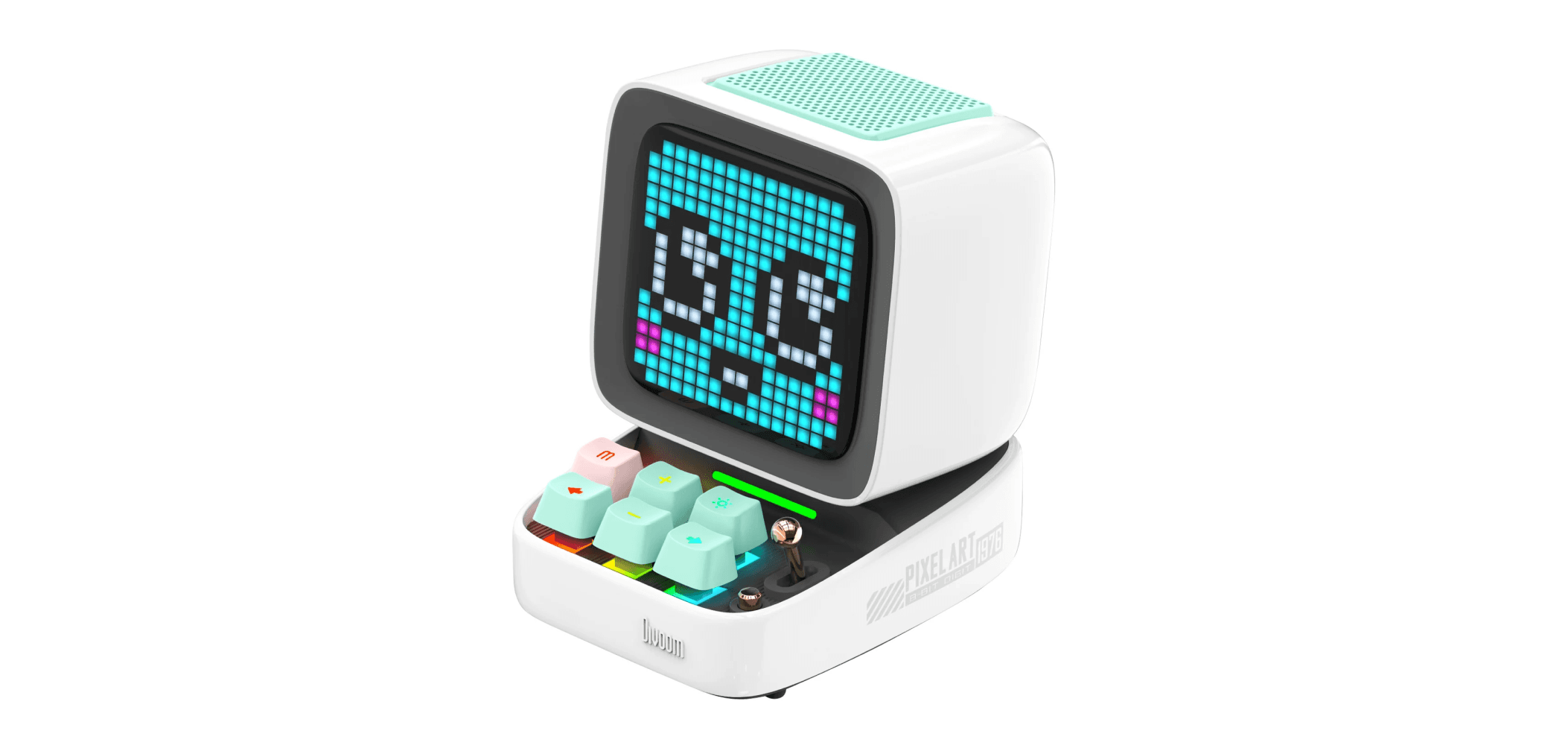 Divoom Ditoo pixel art Bluetooth speaker with a retro computer design, featuring colorful keycaps and a bright pixel display showing a cute animated face.