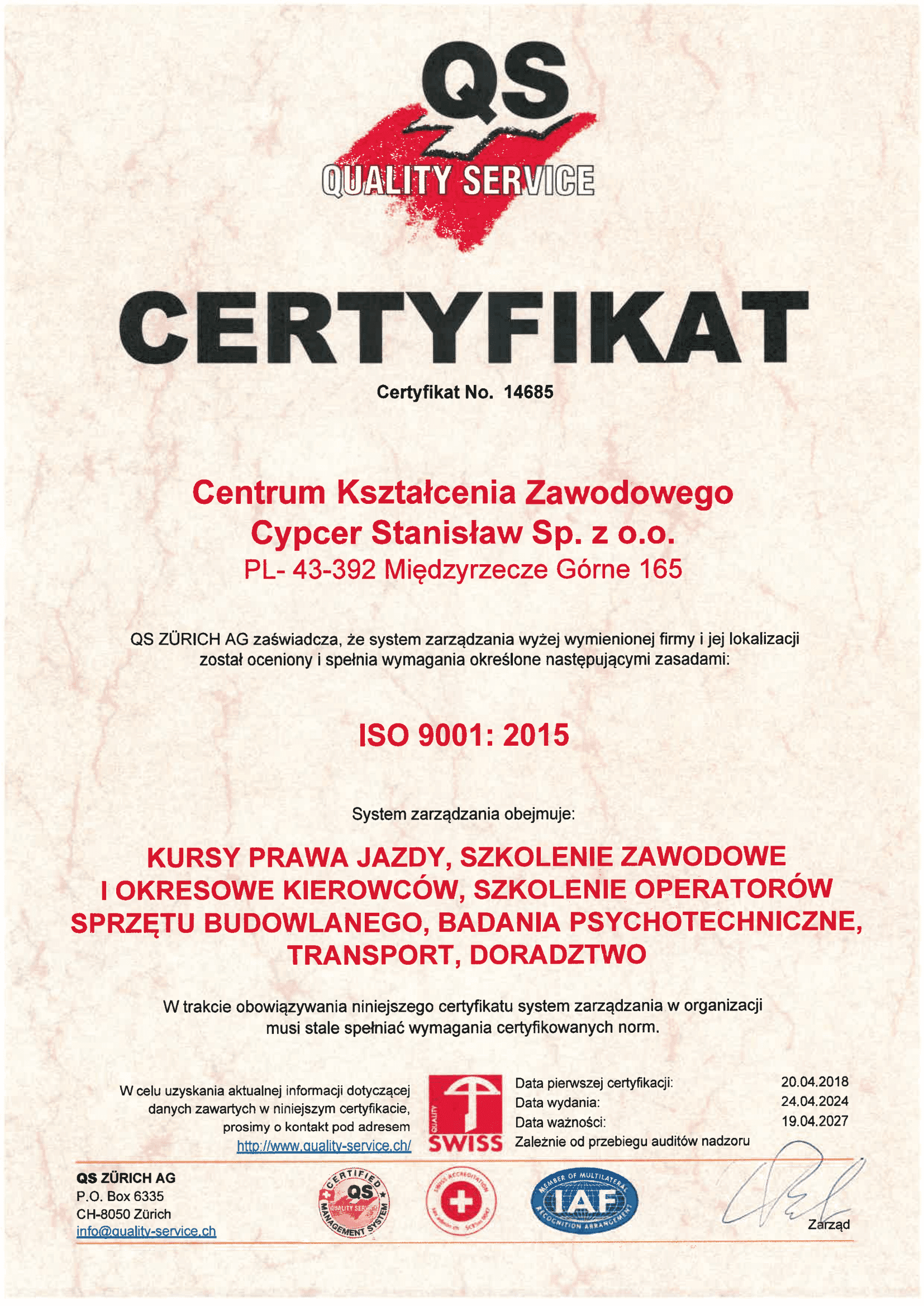 Certyfikat jakości CKZ Cypcer w zakresie szkoleń z zakresu energetyki i gazownictwa.