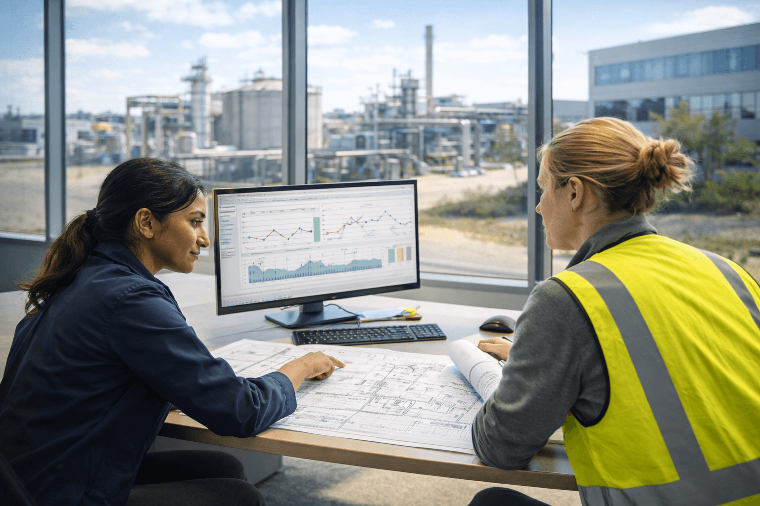 Ingénieurs analysant plans et données depuis un bureau vitré sur site industriel