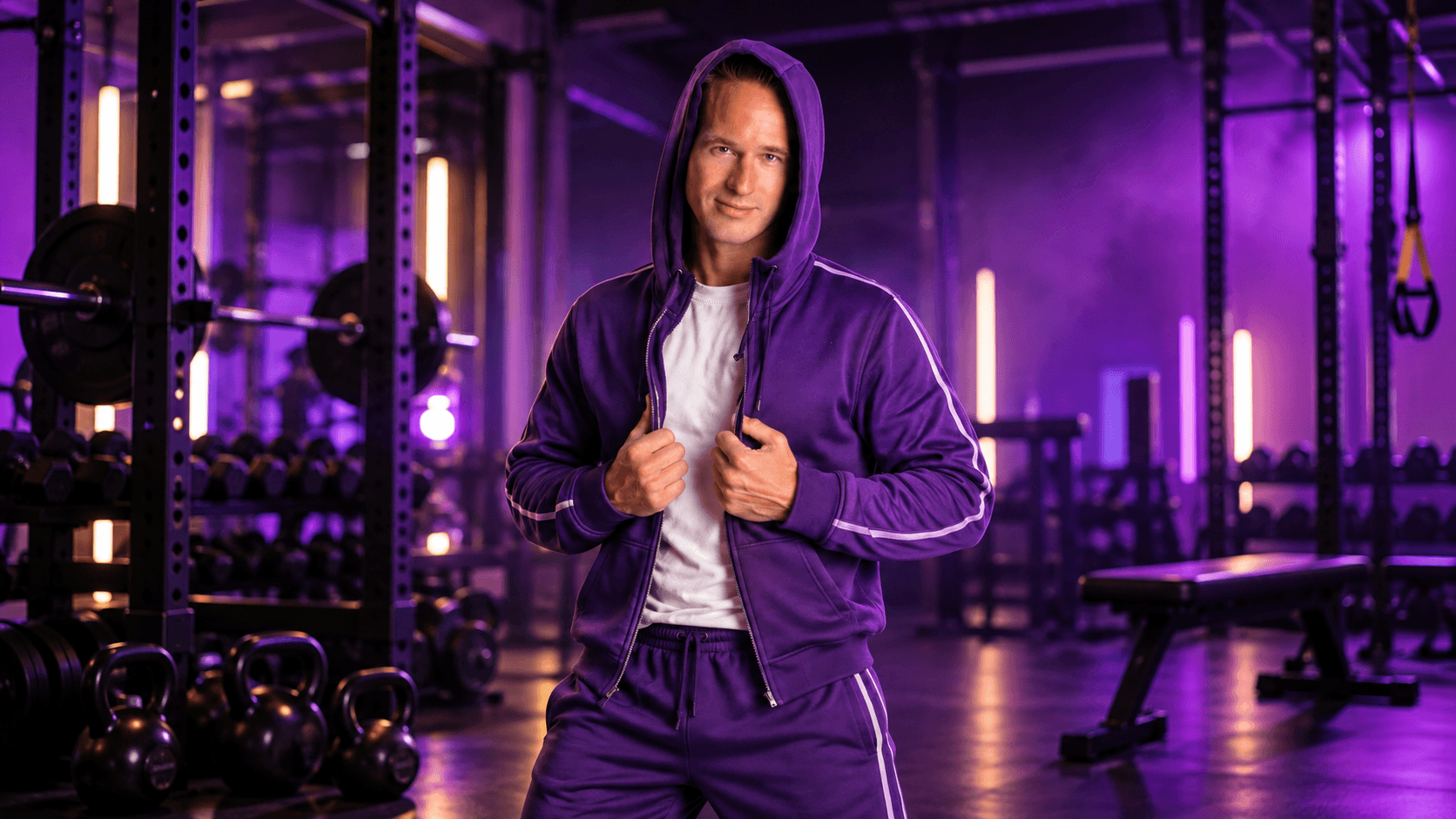 Atletische paarse hoodie in neon gym