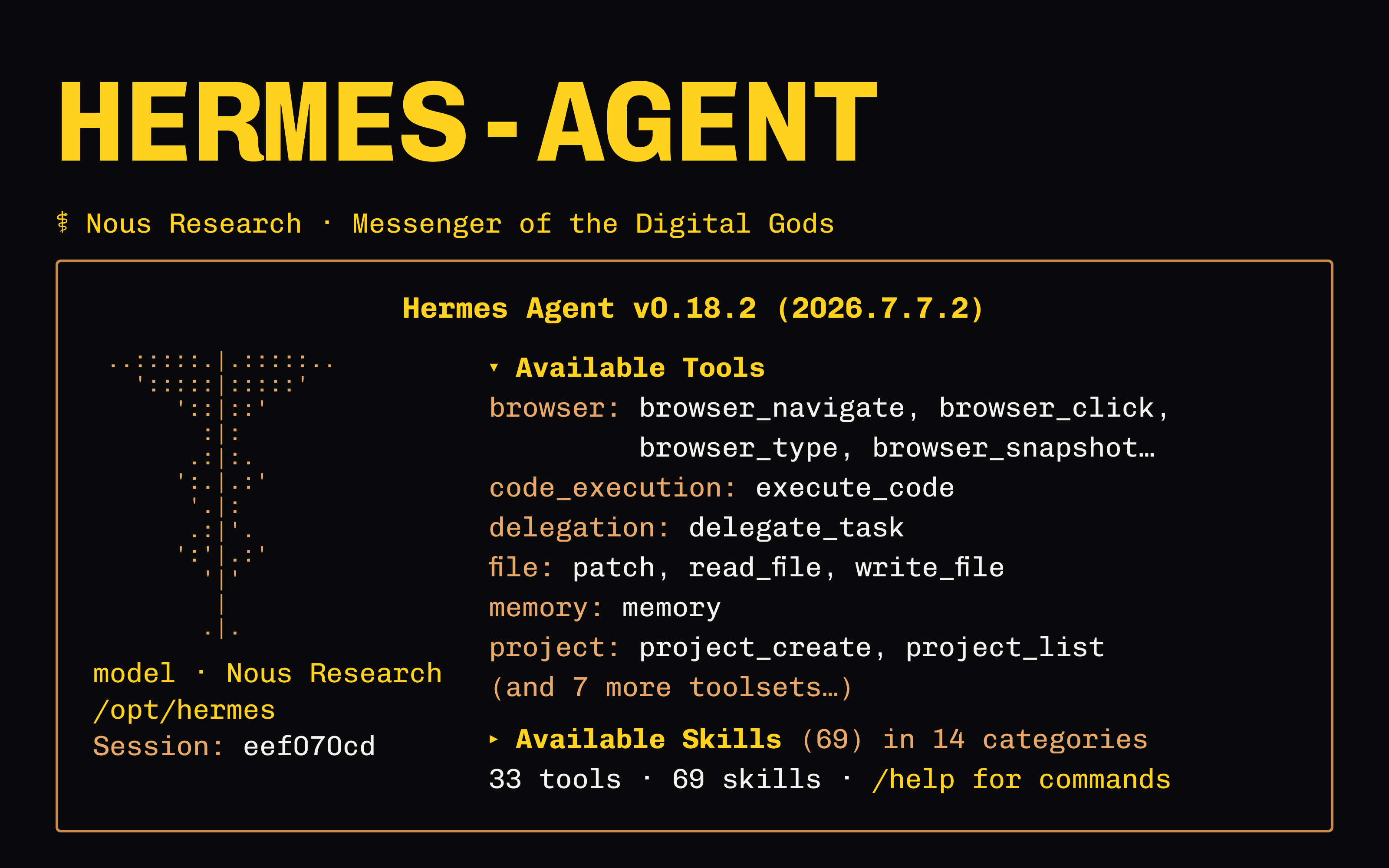 Hermes Agent session in a terminal: available tools and skills